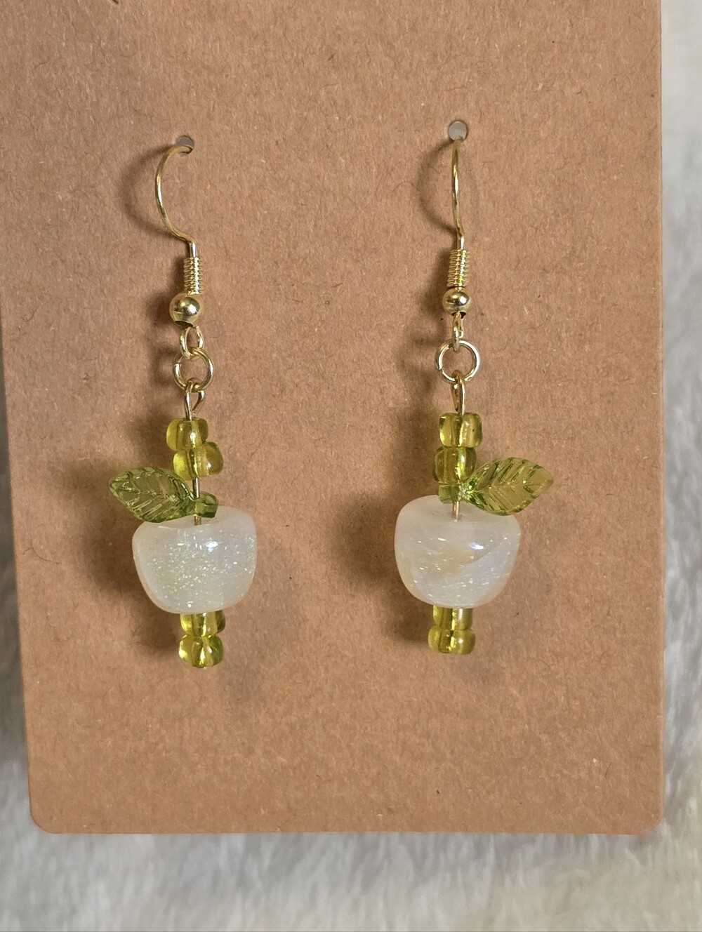 Glitter Apple Glass Dangle Earrings with Green Leaves Handmade 3 COLORS - Picture 11 of 12